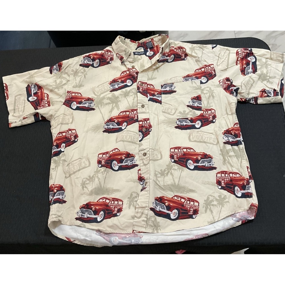 Mens XL Beige Hawaiian Woodie Vintage Car Print Cotton Short Sleeve Button-Up